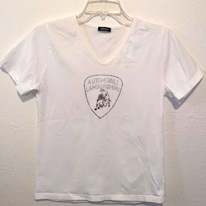 Automobili LAMBORGHINI white & silver studded v neck T-shirt Large